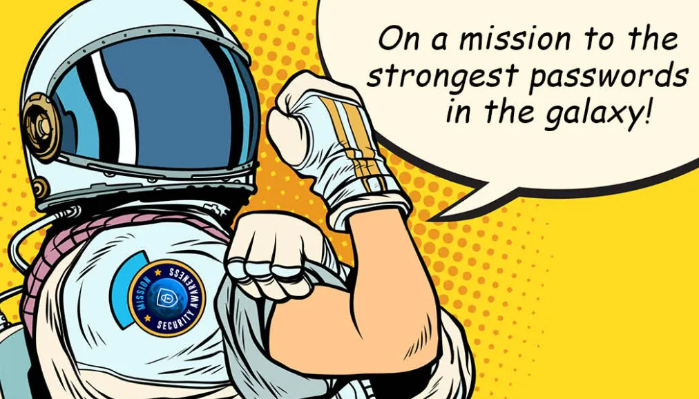 Stripboek-stijl astronaut met een badge voor beveiligingsbewustzijn en een tekstballon over het creëren van sterke wachtwoorden, wat aantoont hoe het herformuleren van boodschappen gedrag kan veranderen.