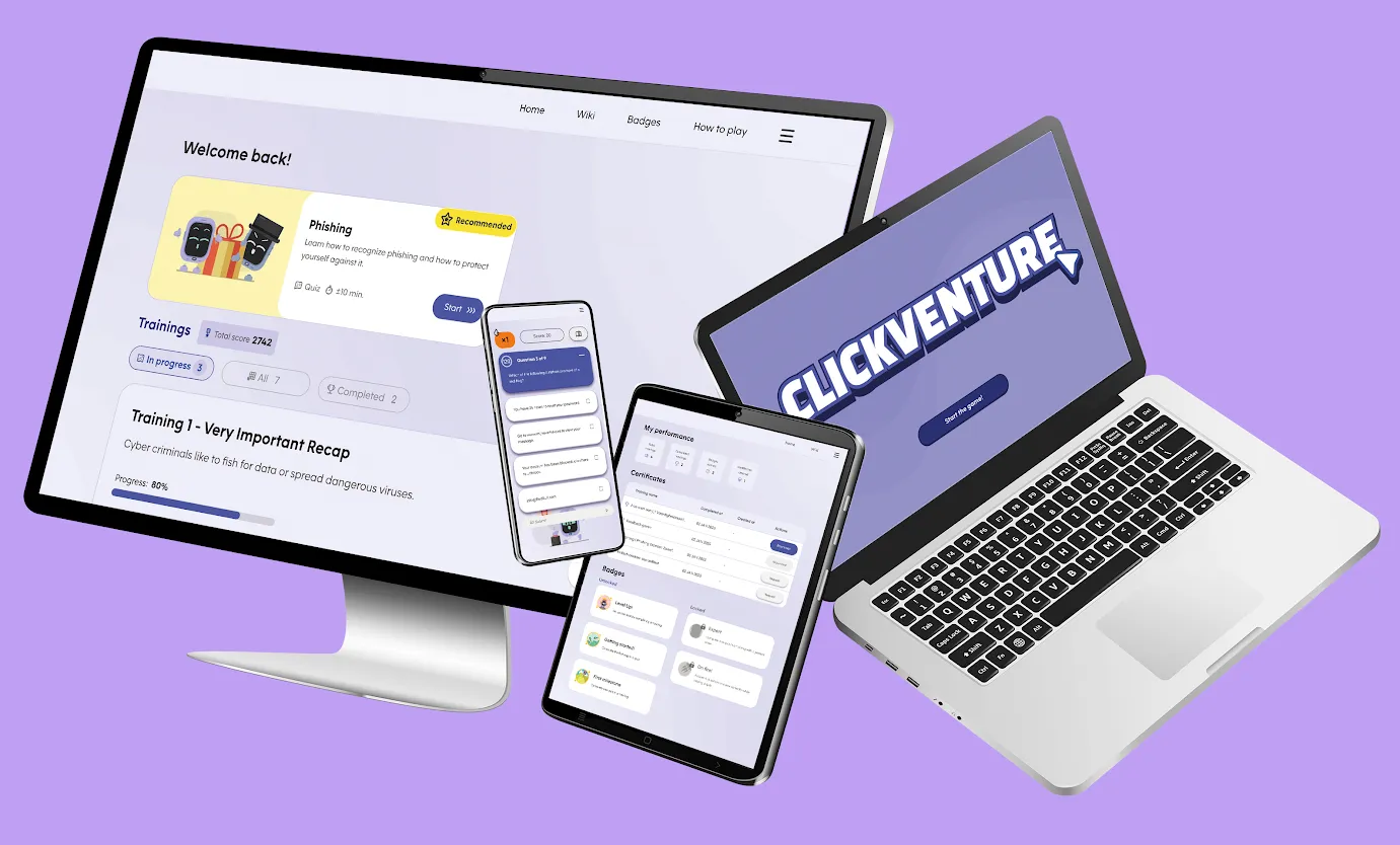 Een visuele weergave van het beveiligingsplatform Wave, getoond op een desktop, laptop, tablet en smartphone. De schermen tonen verschillende functies, waaronder een dashboard met trainingen, prestatiebadges en een interactief spel genaamd 'Clickventure', wat een verschuiving van compliance naar een boeiende beveiligingscultuur illustreert.