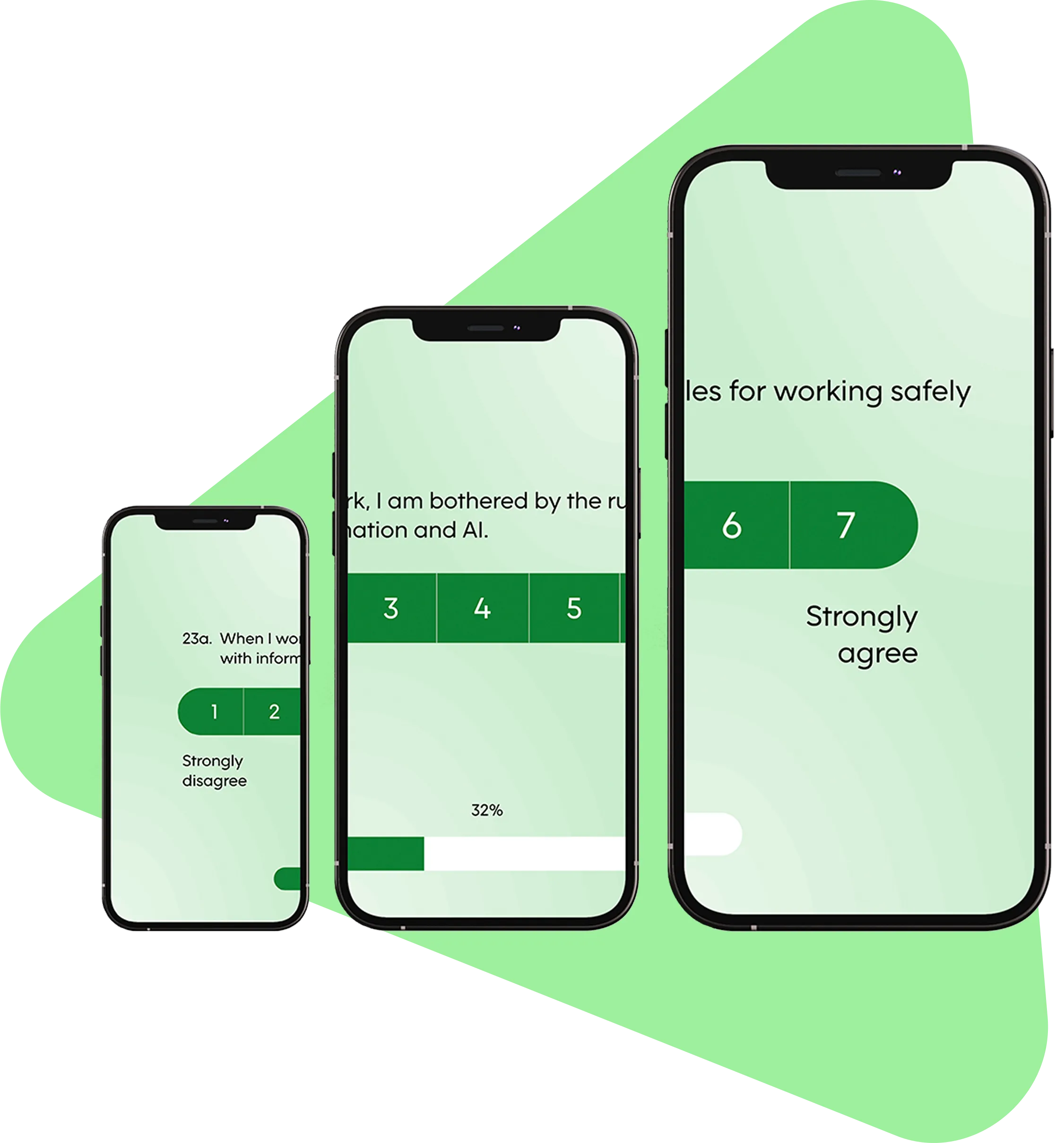Three smartphones of different sizes display a mobile-friendly survey with questions about employee experiences with information security, rules, and working with AI, representing the Culture Scan tool.
