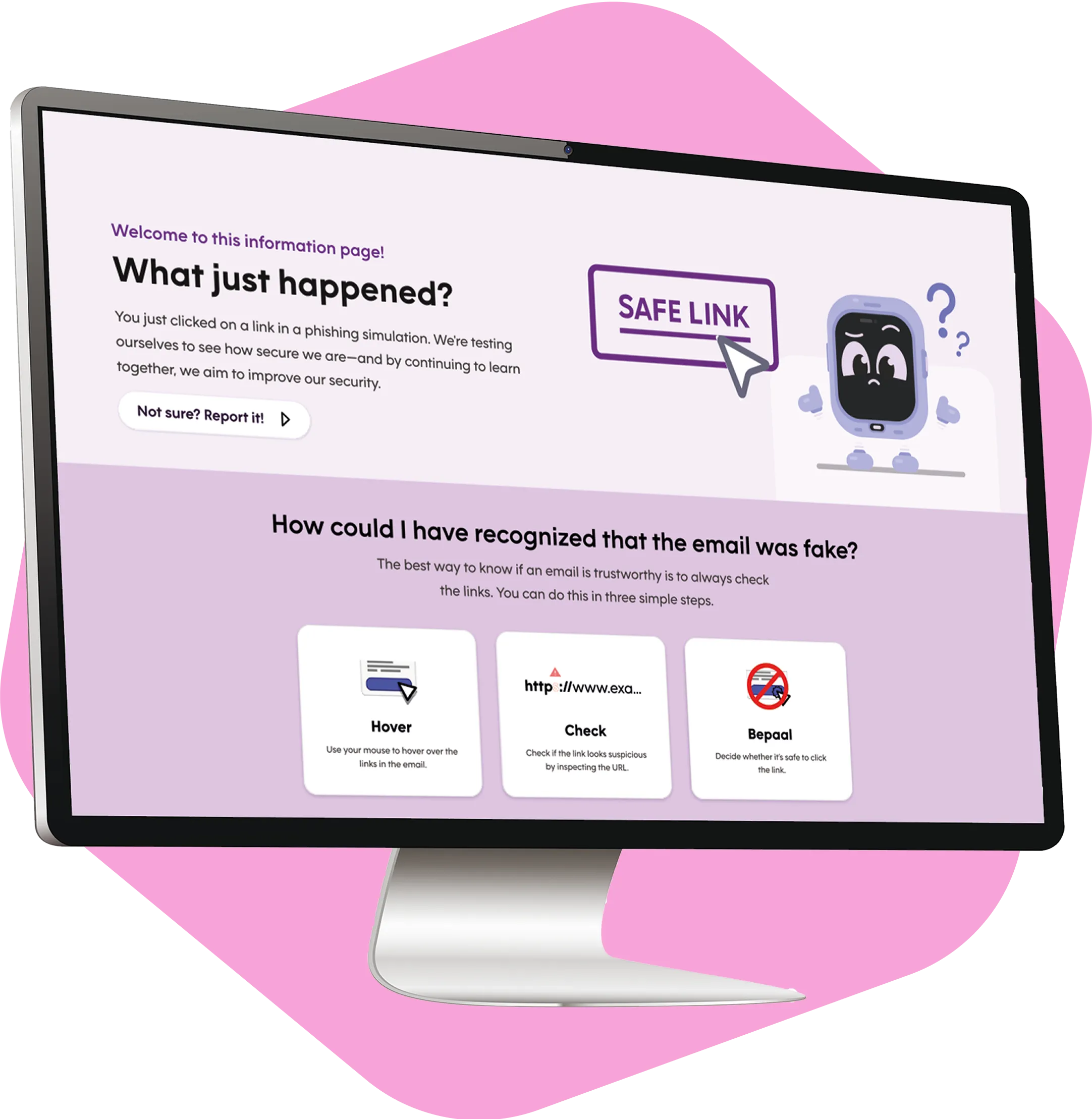 Image of a desktop with an educational phishing landing page on it, explaining to a user how they could have recognized the received email as suspicious.