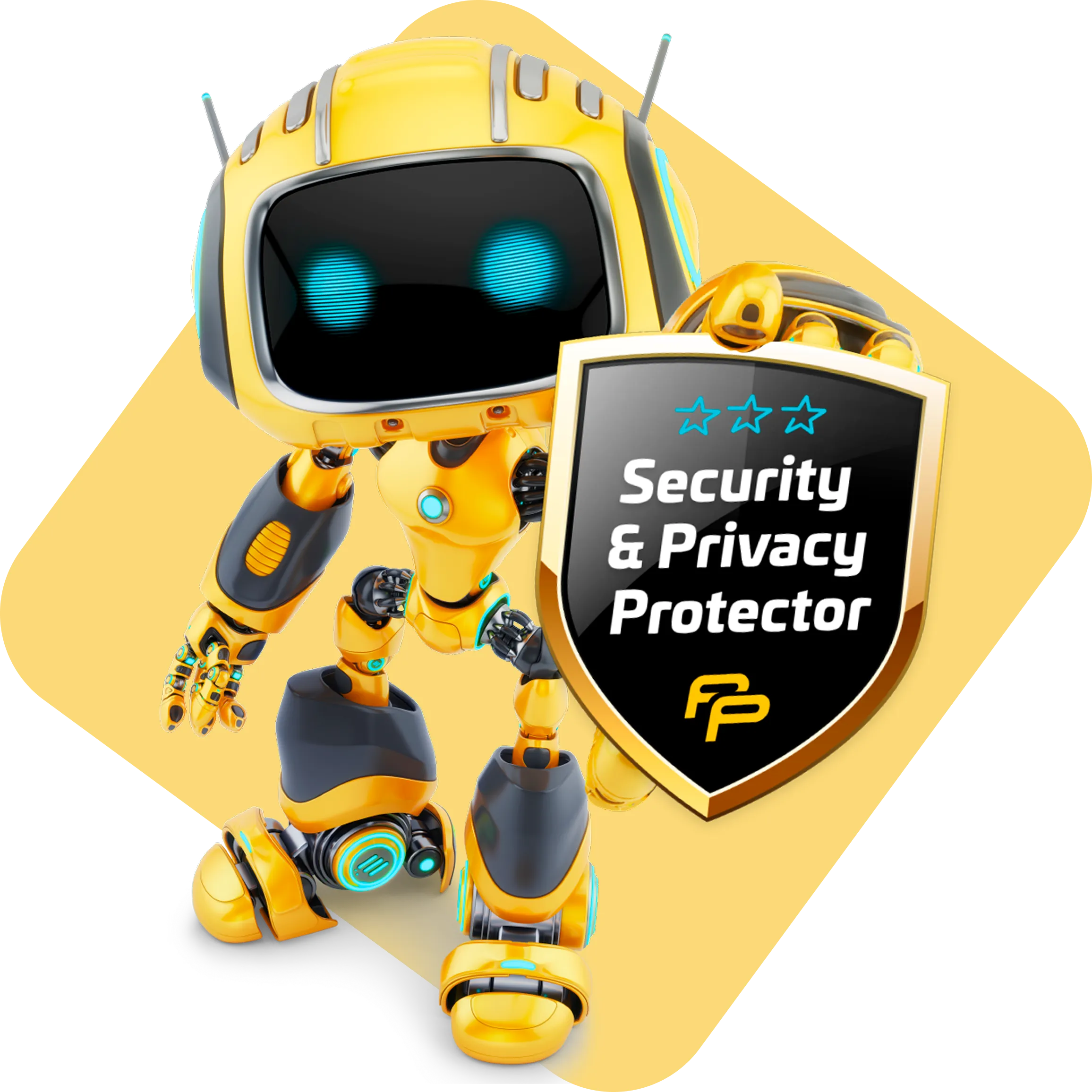 Een geanimeerde gele robot met blauwe gloeiende ogen die een schild met de tekst 'Security & Privacy Protector' vasthoudt, ter representatie van een op beveiliging gerichte campagne.