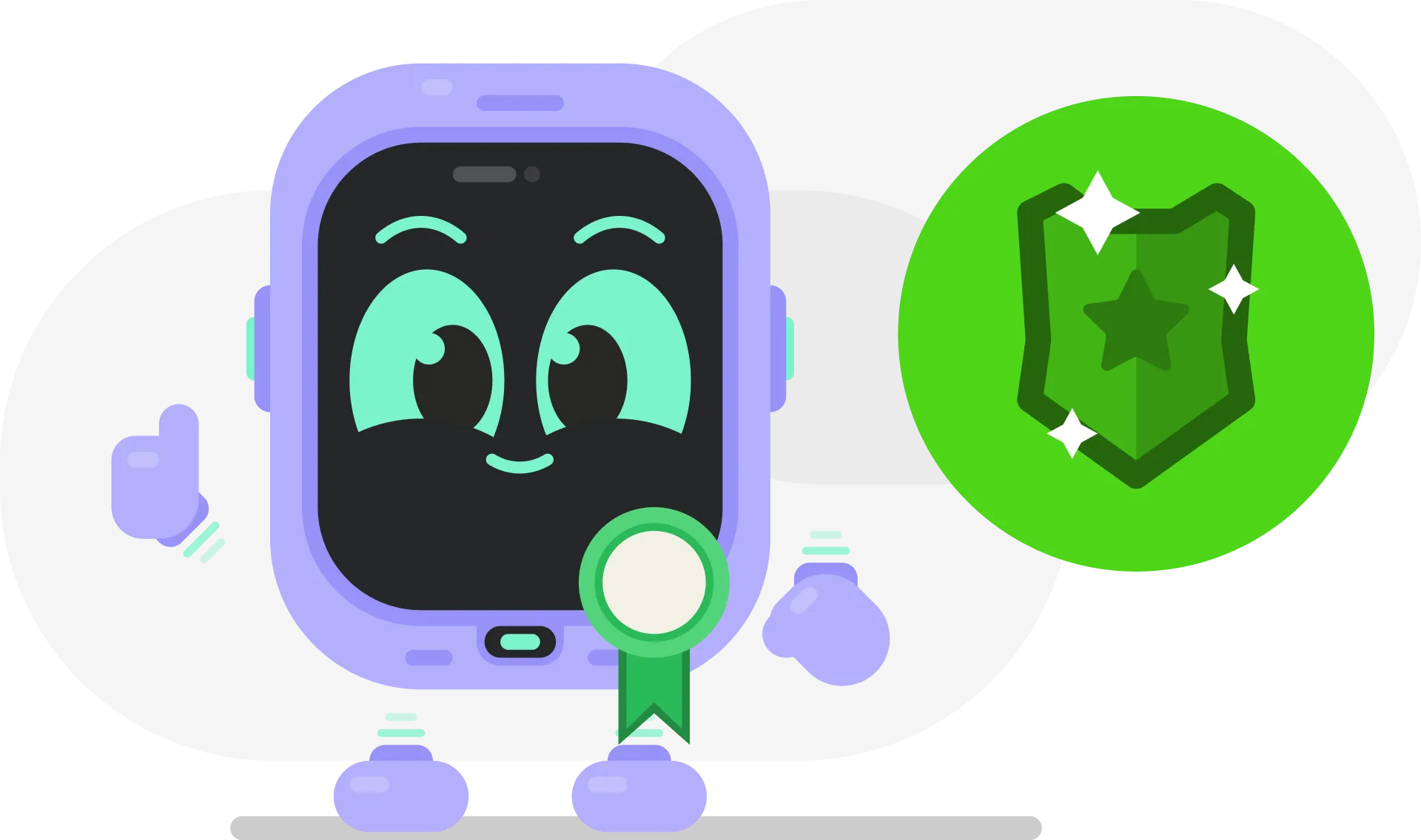 Een vriendelijke, gestileerde paarse robot genaamd Flo, de mascotte van het Wave-platform. Flo wordt getoond met een duim omhoog en een medaille, met een glimmend groen schild ernaast, wat symboliseert hoe de robot gebruikers begeleidt en hun voortgang viert.