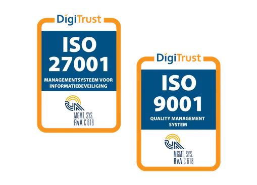 Logo's van de ISO 9001 (kwaliteitsmanagementsysteem) en 27001 (managementsysteem voor informatiebeveiliging) certificaten.