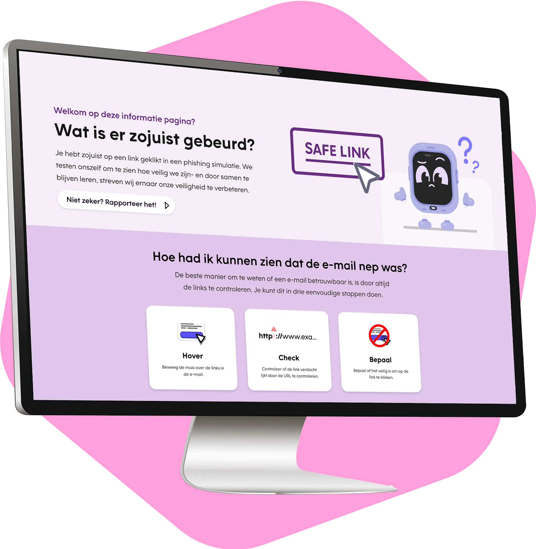 Afbeelding van een desktop met een educatieve phishing-landingspagina, waarop aan een gebruiker wordt uitgelegd hoe deze de ontvangen e-mail als verdacht had kunnen herkennen.