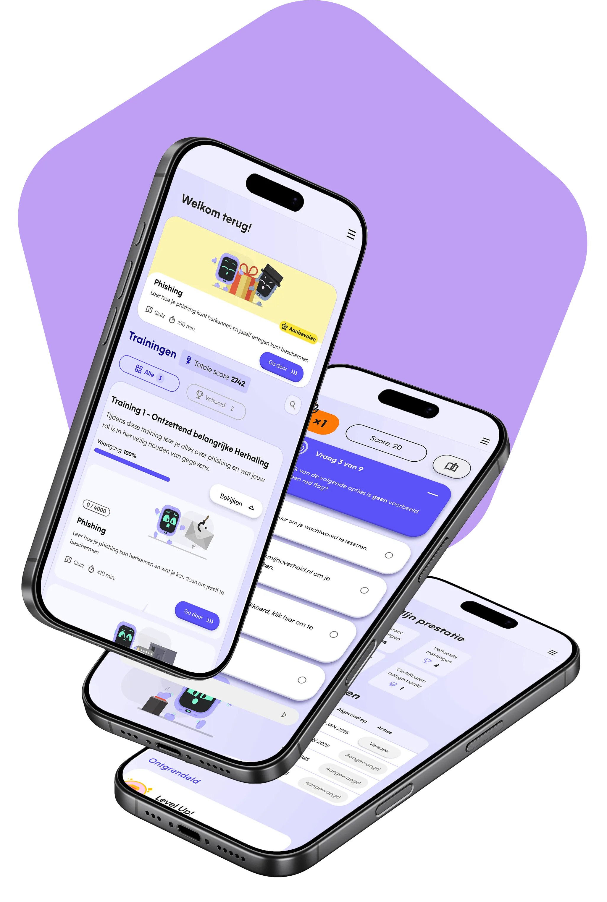 Drie smartphones tonen verschillende schermen van het mobiele trainingsplatform Wave. De schermen laten een gebruikersdashboard zien met trainingsvoortgang, een interactieve quiz en een prestatiesectie met badges, wat illustreert hoe de app gepersonaliseerde, trainingen voor beveiligingsbewustzijn biedt.