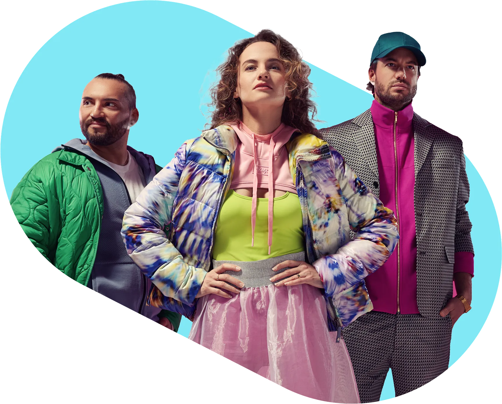 Three confident people in colorful clothing posing together against a light blue background, symbolizing strong partnerships.